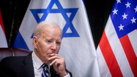 US President Joe Biden joins Israel's Prime Minister for the start of the Israeli war cabinet meeting in Tel Aviv on October 18, 2023. (Miriam Alster/POOL/AFP via Getty Images)