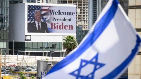 A digital billboard welcomes US President Joe Biden to Israel on October 18, 2023, in Tel Aviv, Israel. (Leon Neal via Getty Images)