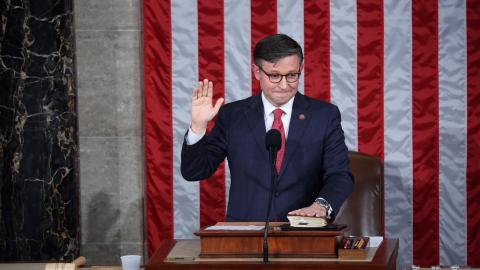 Newly elected US House Speaker Mike Johnson is sworn in at the US Capitol in Washington, DC, on October 25, 2023. (Tome Brenner/AFP via Getty Images)