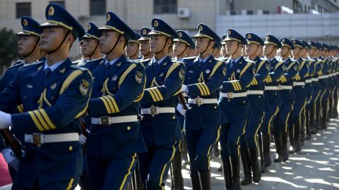 People's Liberation Army Air Force members march during a welcome ceremony in honor of Air Force Chief of Staff Gen. Mark A. Welsh III, hosted by PLAAF Commander Gen. Ma Xiaotian in Beijing, China, Sept. 25, 2013. Welsh, along with Gen. Herbert "Hawk" Carlisle and Chief Master Sgt. of the Air Force James A. Cody, will visit with various military leaders as part of a weeklong trip. (U.S. Air Force photo/Scott M. Ash)