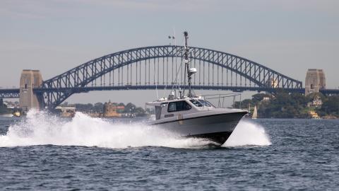 A 38-foot Steber uncrewed surface vehicle that can be used for mine-sweeping operations during a testing and evaluation event by the Royal Australian Maritime Warfare Centre and Thales in conjunction with Maritime Deployable Robotic and Autonomous Systems Experimentation Unit in Sydney on March 1, 2023. (Royal Australian Navy)