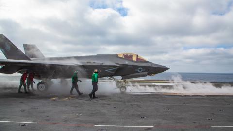 An F-35C Lightning II prepares to launch from the flight deck of the aircraft carrier USS Abraham Lincoln in Mirmar, California, on November 7, 2021. (Charles Allen via DVIDS)