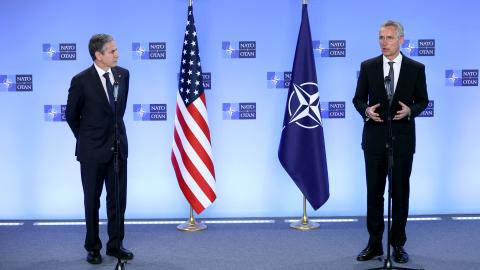 United States Secretary of State Antony Blinken and NATO's chief Jens Stoltenberg hold a press conference on April 14, 2021, at NATO's headquarters in Brussels. (Kenzo Tribouillard/POOL/AFP via Getty Images) 