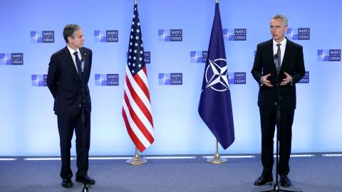 United States Secretary of State Antony Blinken and NATO's chief Jens Stoltenberg hold a press conference on April 14, 2021, at NATO's headquarters in Brussels. (Kenzo Tribouillard/POOL/AFP via Getty Images)