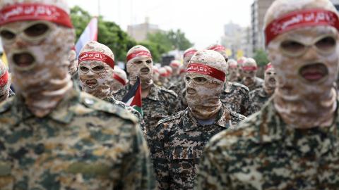 Islamic Revolutionary Guard Corps (IRGC) members march during the annual anti-Israel Al Quds Day rally in Tehran, Iran, on April 29, 2022. (Photo by Sobhan Farajvan/Pacific Press/LightRocket via Getty Images)