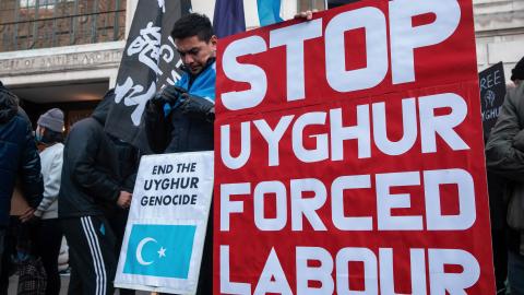 Campaigners from London's Uyghur community protest opposite the Chinese embassy against continued human rights violations by the Chinese government on December 10, 2022, in London, United Kingdom. (Mark Kerrison/In Pictures via Getty Images)