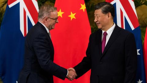 Australian Prime Minister Anthony Albanese meets with China's President Xi Jinping in Bali, Indonesia, on November 15, 2022. (James Brickwood/Sydney Morning Herald via Getty Images)