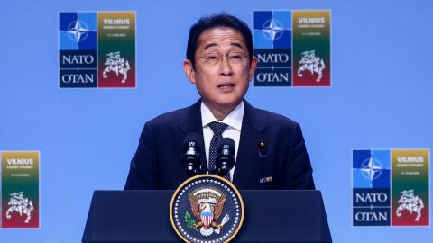 Japanese Prime Minister Fumio Kishida attends the NATO summit in Vilnius, Lithuania, on July 12, 2023. (Beata Zawrzel/NurPhoto via Getty Images)