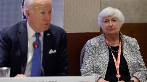 Treasury Secretary Janet Yellen as President Joe Biden speaks during a session of the G20 Leaders' Summit at the Bharat Mandapam in New Delhi on September 9, 2023. (Ludovic Marin / POOL / AFP via Getty Images)