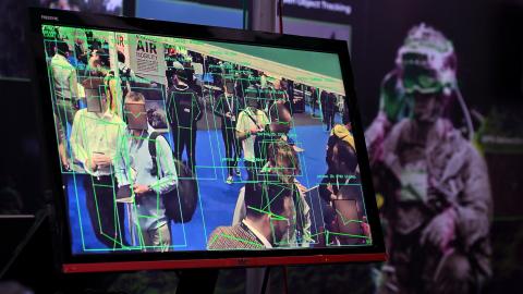 The Vizgard FortifAI software-based artificial intelligence engine for surveillance monitoring is displayed during the Dronex Epo at ExCel on September 26, 2023, in London, UK. (John Keeble via Getty Images)