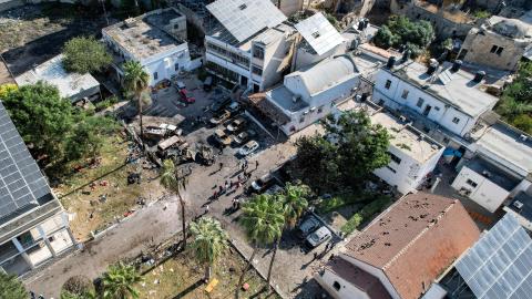 An aerial view of the complex housing the Ahli Arab hospital in Gaza City on October 18, 2023, in the aftermath of an overnight blast. (Shadi Al-Tabatibi/AFP via Getty Images)