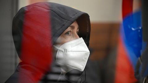 Alsu Kurmasheva, a Russian-American journalist for Radio Free Europe/Radio Liberty who was arrested on charges of failing to register as a foreign agent, attends a hearing to consider her pretrial detention in Kazan on October 20, 2023. (Alexander Nemenov/AFP via Getty Images)