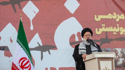 Iranian President Ebrahim Raisi speaks during a protest in support of Palestinians in Gaza at the Enqelab-e-Eslami square (Islamic Revolution square) on October 18, 2023 in Tehran, Iran. Palestinian officials have said that up to 500 people were killed in an alleged Israeli air strike yesterday at the Ahli Arab Hospital in Gaza City. Israeli officials have suggested that the explosion was caused by a misfired rocket by Palestinian militants. The explosion has sparked strong condemnation, provoking demonstra