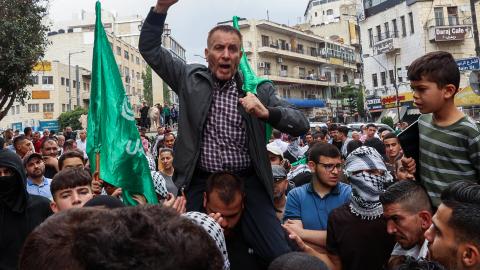 Palestinians in Ramallah, West Bank, on November 1, 2023, chant slogans in support of the people in the Gaza Strip amid ongoing battles between Israel and Hamas. (Zain Jaafar/AFP via Getty Images)