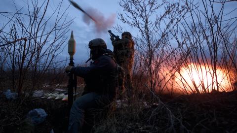 The Ukrainian military fires RPGs at enemy positions as the special military unit "Kurt & Company group" hold the first line of the frontline Russian-Ukrainian war on November 3, 2023, in Bakhmut District, Ukraine. (Kostya Liberov/Libkos via Getty Images)