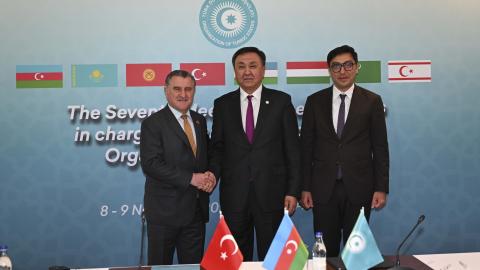 Turkish Minister Osman Askin Bak with his Azerbaijani counterpart Farid Gayibov and Secretary General of the Organization of Turkic States (OTS Kubanychbek Omuraliev during the Seventh Working Group Meeting of the OTS in Basgal, Azerbaijan, on November 9, 2023. (Ahmet Izgi/Anadolu via Getty Images)