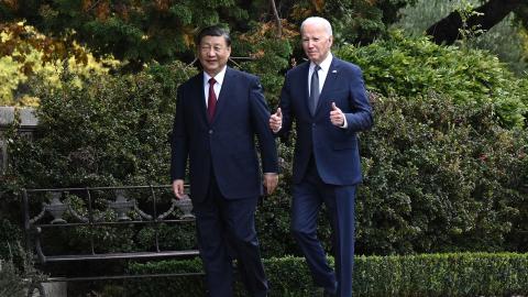 President Joe Biden and Chinese President Xi Jinping after a meeting during the Asia-Pacific Economic Cooperation Leaders' week in Woodside, California, on November 15, 2023. (Brendan Smialowski/AFP via Getty Images)
