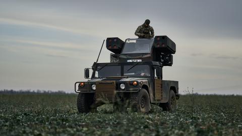Ukrainian soldiers work on an Avenger AN/TWQ-1 anti-aircraft missile system on November 28, 2023 in Kyiv, Ukraine. The Avenger Air Defense System, designated AN/TWQ-1 under the Joint Electronics Type Designation System, is an American self-propelled surface-to-air missile system. In November 2022, four Avenger air defense systems were included as part of a $400 million military aid package supporting Ukraine during the Russian invasion to defend critical civilian infrastructure. (Photo by Kostya Liberov/ Li