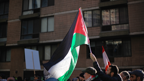 A demonstrator waving the Palestinian flag during a march in Montreal on October 28, 2023. (Wikimedia Commons)