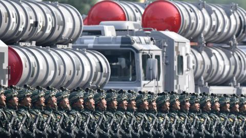 Troops take part in a military parade celebrating the seventieth founding anniversary of the People’s Republic of China in Beijing on October 1, 2019. (Photo by Zhang Hongxiang/Xinhua via Getty)