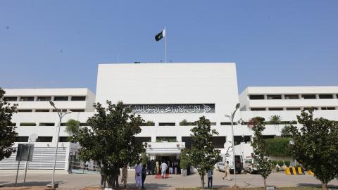 A view of the Parliament House as Finance Minister Ishaq Dar unveils the annual fiscal year budget in Islamabad, Pakistan, on June 9, 2023. (Muhammad Reza/Anadolu Agency via Getty Images)