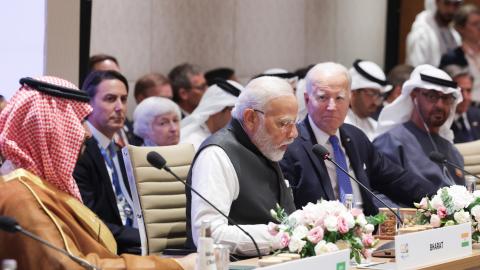 Indian Prime Minister Narendra Modi and United States President Joe Biden at Bharat Mandapam in New Delhi, India, on September 9, 2023. (Press Information Bureau/Handout/Anadolu Agency via Getty Images)