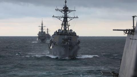 The Arleigh Burke-class guided-missile destroyer USS McFaul participates in a multinational military exercise with NATO allies as part of the Gerald R. Ford Carrier Strike Group on October 5, 2022. (Kerri Kline via DVIDS)