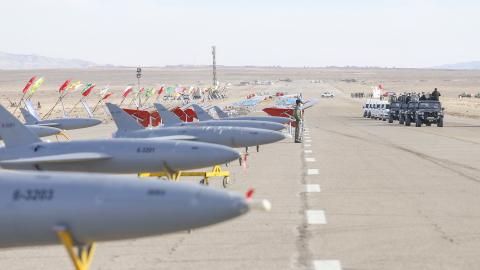 Unmanned aerial vehicles (UAV) during a drill held by the Iranian army in Semnan, Iran, on January 5, 2021. (Iranian Army via Getty Images)