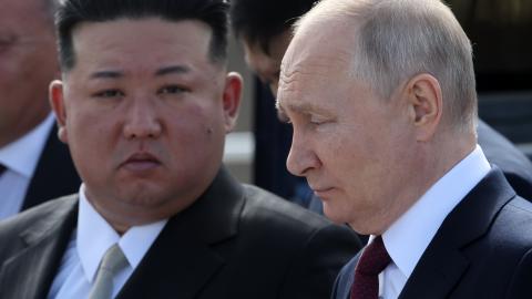 Russian President Vladimir Putin and North Korean leader Kim Jong Un visit a construction site of the Angara rocket launch complex on September 13, 2023, in Tsiolkovsky, Russia. (Contributor via Getty Images)