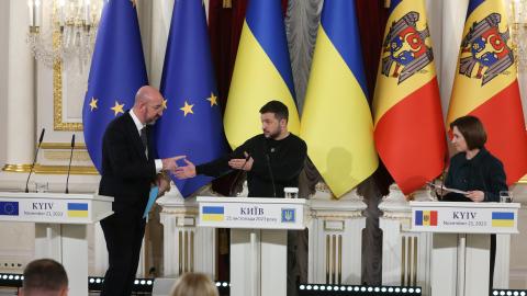 President of Ukraine Volodymyr Zelenskyy, President of the European Council Charles Michel, and President of the Republic of Moldova Maia Sandu during the press conference on November 21, 2023, in Kyiv, Ukraine. (Viktor Kovalchuk/Global Images Ukraine via Getty Images)