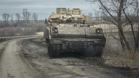 Ukrainian soldiers patrol with a Bradley Fighting vehicle as the Russia-Ukraine war continues in Avdiivka Donbas, Ukraine, on December 4, 2023. (Marek M. Berezowski/Anadolu via Getty Images)