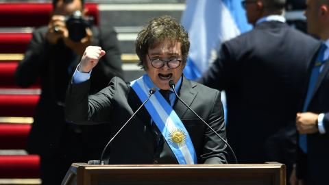 President of Argentina Javier Milei speaks to supporters outside the National Congress after his inauguration ceremony on December 10, 2023, in Buenos Aires, Argentina. (Photo by Marcelo Endelli/Getty Images)