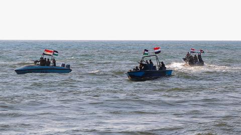 Members of the Yemeni Coast Guard affiliated with the Houthis patrol the Red Sea as demonstrators march through the port city of Hodeida in solidarity with the people of Gaza on January 4, 2024. (AFP via Getty Images)