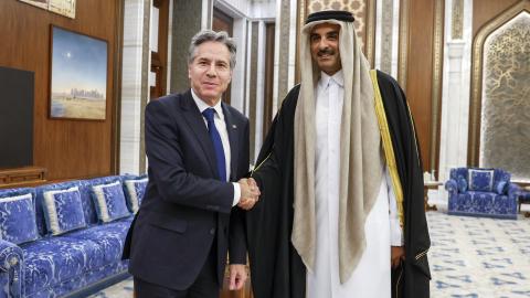 Emir Sheikh Tamim bin Hamad al-Thani shakes hands with US Secretary of State Antony Blinken at Lusail Palace, Lusail, on January 7, 2024. (Evelyn Hockstein via Getty Images)