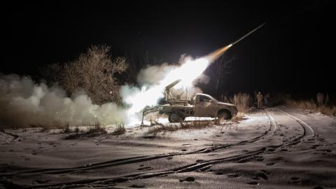 Ukrainian soldiers fire 'Mini Grad' multi-barrel rocket launchers at Russian positions in the direction of Kupiansk, where clashes between Russia and Ukraine continue, in Kupiansk, Kharkiv, Ukraine on January 7, 2024. (Photo by Ozge Elif Kizil/Anadolu via Getty Images)