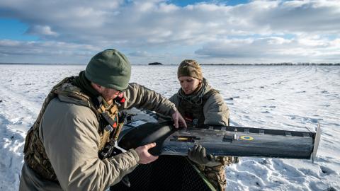 Ukrainian soldiers prepare a long range drone near the Bakhmut frontline, in Donetsk Oblast, Ukraine on January 12, 2024. Drone warfare has become increasingly important as the war entered into a stalemate and both sides are heavily fortified. (Photo by Ignacio Marin/Anadolu via Getty Images)