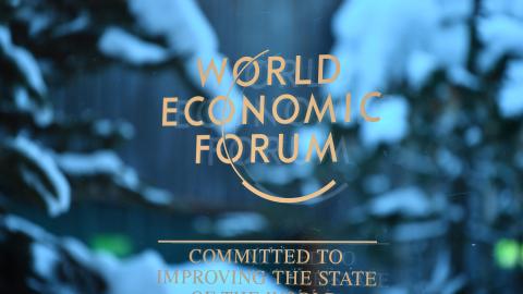 The World Economic Forum logo in Davos, Switzerland, on January 14, 2024. (Lian Yi/Xinhua via Getty Images)