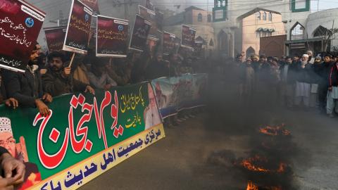 Markazi Jamiat Ahle Hadees Pakistan activists protest in Lahore after Iran launched an airstrike in Pakistan's south-west Baluchistan province on January 19, 2024. (Arif Ali/AFP via Getty Images)
