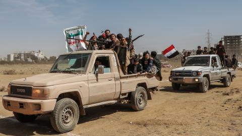 Armed rebels of the Iran-backed Houthi militia ride a pick-up truck during a demonstration against the USA and Israel amid growing tensions between the USA and the Houthis following the latter's several operations in the Red Sea on January 29, 2024, in Sanaa, Yemen. (Osamah Yahya via Getty Images)