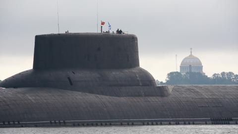 The Dmitriy Donskoy nuclear ballistic missile submarine arrives at St Petersburg to take part in a ship parade marking Russian Navy Day in Russia on July 26, 2017. (Sergey Mihailicenko/Anadolu Agency via Getty Images)