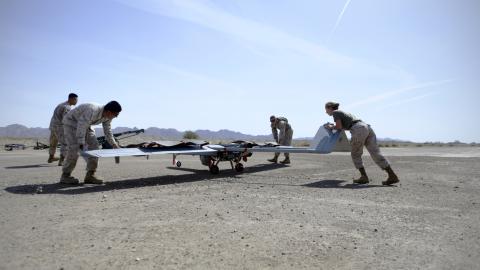 United States Marines prepare an RQ-7B Shadow during an exercise as part of Weapons and Tactics Instructor Course 2-15 near Yuma, Arizona, on April 10, 2015. (US Marine Corps vis DVIDS)
