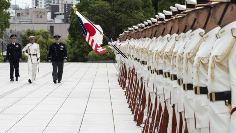 Gen. Hiroaki Uchikura, chief of staff of the Japan Air Self-Defense Force, and Chief of Space Operations Gen. Chance Saltzman participate in an Honor Guard ceremony at the Ministry of Defense in Tokyo Japan, Sept. 25, 2023. (U.S. Air Force photo by Tech. Sgt. Stephanie Serrano)