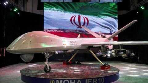 Iranian drone "Mohajer 10" is displayed Iran's defence industry achievements exhibition, on August 23, 2023 in Tehran. Iran unveiled on August 22 its latest domestically built drone that can fly at a higher altitude and for a longer duration with enhanced weapons capabilities, state media reported. (Photo by ATTA KENARE / AFP) (Photo by ATTA KENARE/AFP via Getty Images)