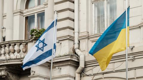 The Israeli flag flies in front of the Lviv Regional State Administration building as a sign of solidarity with the Israeli people on October 13, 2023, in Lviv, Ukraine. (Photo by Les Kasyanov/Global Images Ukraine via Getty Images)