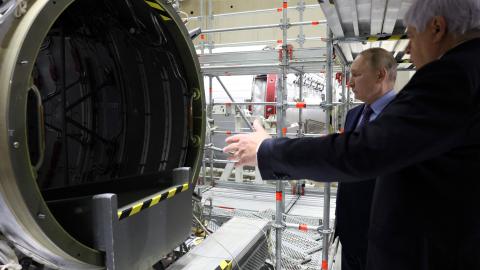 Russia's President Vladimir Putin visiting the Rocket and Space Corporation (RSC) Energia in Korolyov, outside Moscow, on October 26, 2023. (Gavriil Grigorov/POOL/AFP via Getty Images)