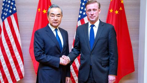 Wang Yi a member of the Political Bureau of the Communist Party of China CPC Central Committee and director of the Office of the Foreign Affairs Commission of the CPC Central Committee holds talks with US National Security Advisor Jake Sullivan in Bangkok, Thailand, on January 26, 2024. (Wang Teng/Xinhua via Getty Images)