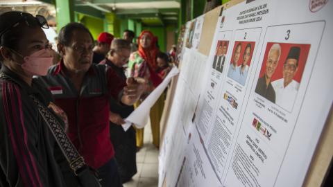 Jakartans are coming and casting their votes at a polling station during the Indonesian general election in Jakarta, Indonesia, on February 14, 2024. (Aditya Irawan/NurPhoto via Getty Images)