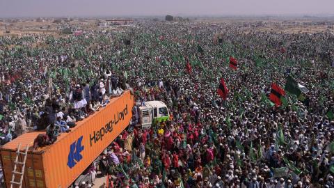 Supporters of the Grand Democratic Alliance party gather during a protest rally in Jamshoro on February 16, 2024, amid claims of alleged vote-rigging in Pakistan's national elections. (Akram Shahid via Getty Images)