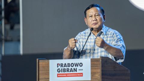 Indonesian presidential candidate Prabowo Subianto, the current defence minister, addresses supporters at an event on February 14, 2024 in Jakarta, Indonesia. (Oscar Siagian via Getty Images)