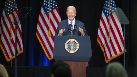 President Joe Biden speaks at the House Democrats Annual Issues Conference on February 8, 2024, in Leesburg, Virginia. (Official White House Photo by Oliver Contreras)